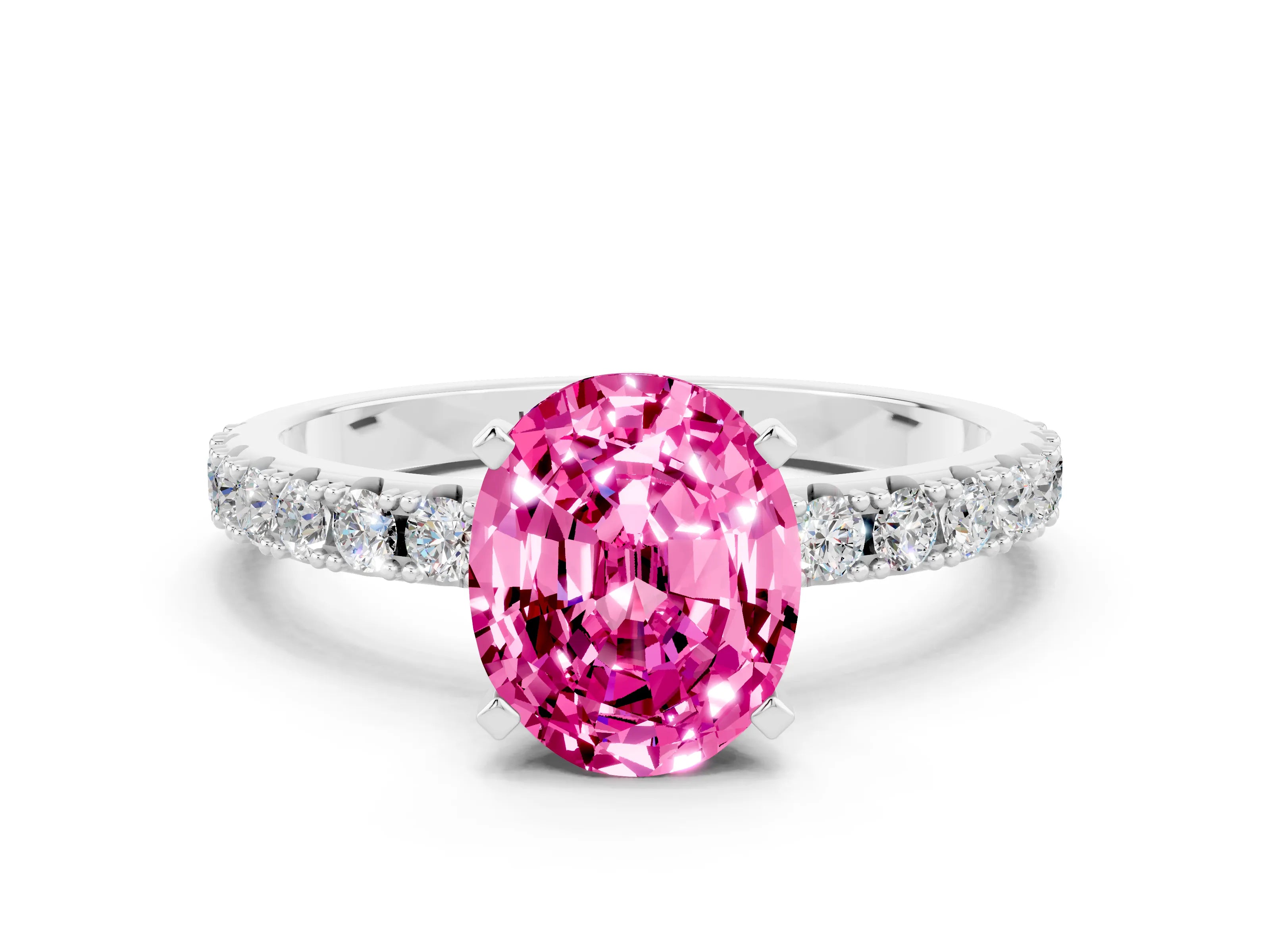 White gold Oval Cut Pink Sapphire Solitaire Pavé Band with Four-Prong Setting_24