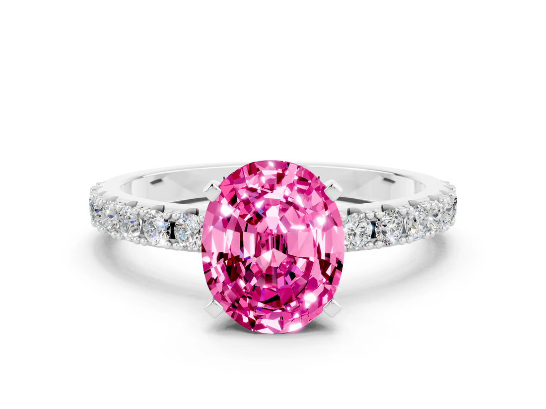 White gold Oval Cut Pink Sapphire Solitaire Pavé Band with Four-Prong Setting_24