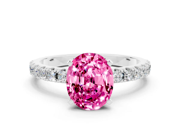 White gold Oval Cut Pink Sapphire Solitaire Pavé Band with Four-Prong Setting