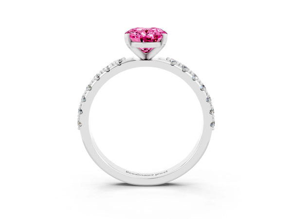 Platinum Oval Cut Pink Sapphire Solitaire Pavé Band with Four-Prong Setting