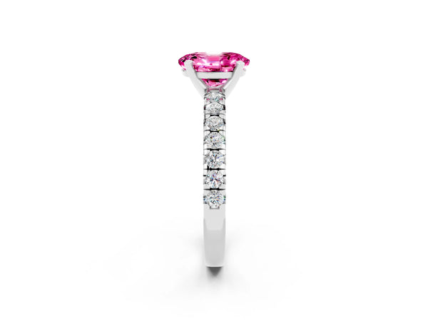 White gold Oval Cut Pink Sapphire Solitaire Pavé Engagement Ring with Round Band and Prong Setting