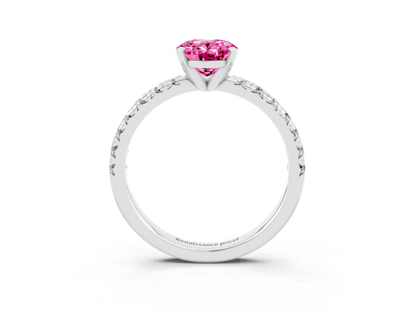 Silver Oval Cut Pink Sapphire Solitaire Pavé Engagement Ring with Round Band and Prong Setting