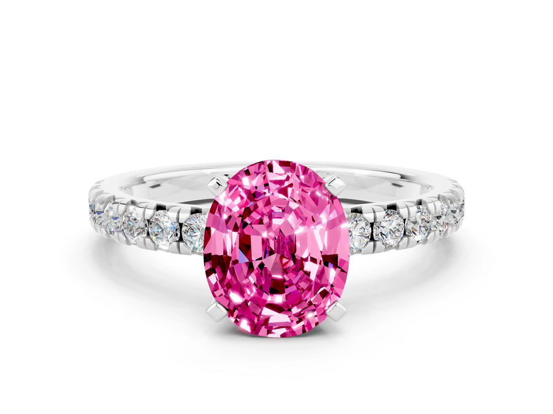 White gold Oval Cut Pink Sapphire Solitaire Pavé Engagement Ring with Round Band and Prong Setting_78