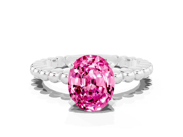 White gold Oval Cut Pink Sapphire Solitaire Ring with Beaded Band and Prong Setting