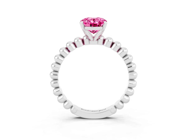 White gold Oval Cut Pink Sapphire Solitaire Ring with Beaded Band and Prong Setting