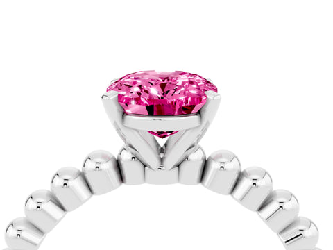 White gold Oval Cut Pink Sapphire Solitaire Ring with Beaded Band and Prong Setting_16