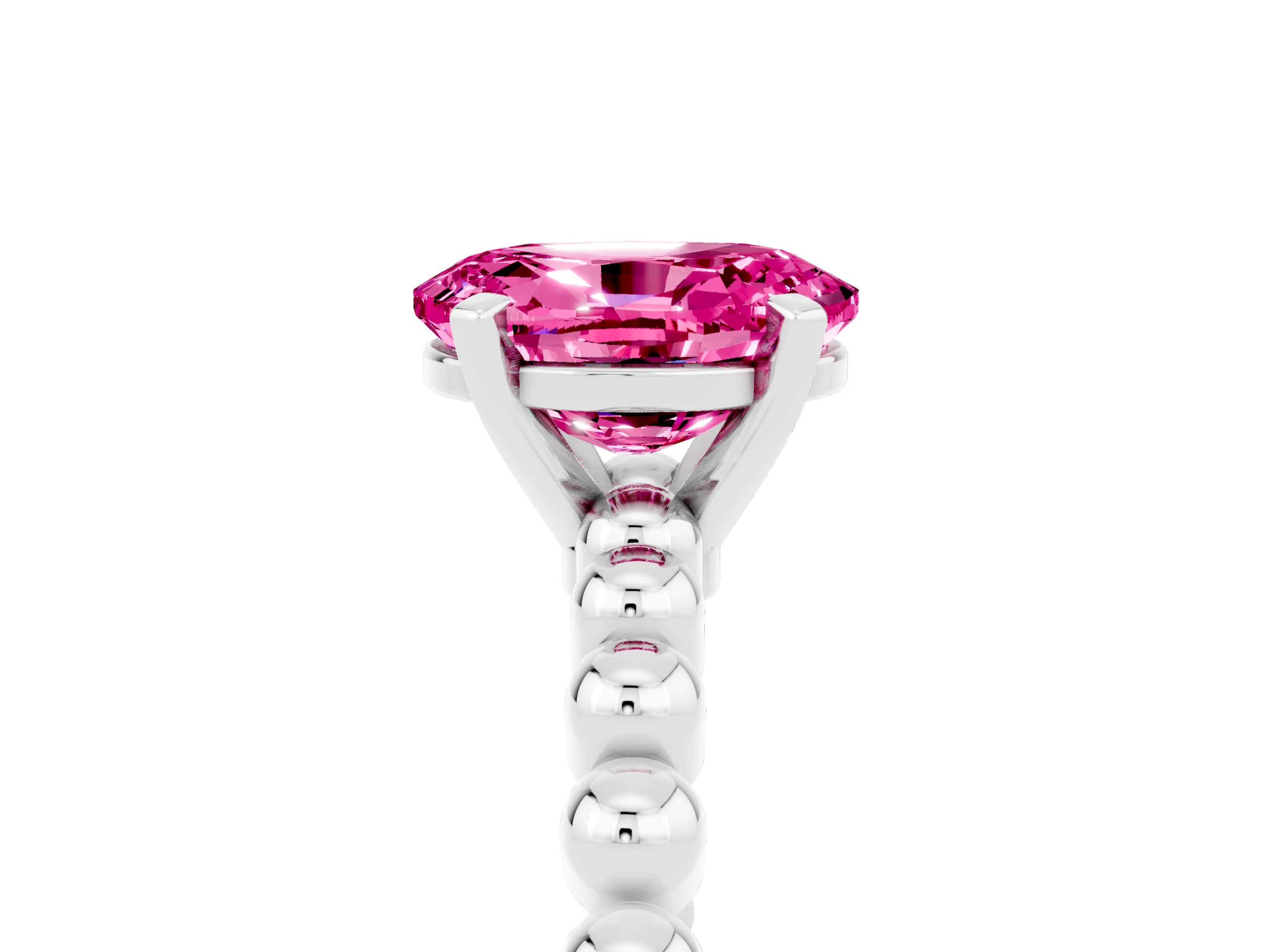 White gold Oval Cut Pink Sapphire Solitaire Ring with Beaded Band and Prong Setting_17