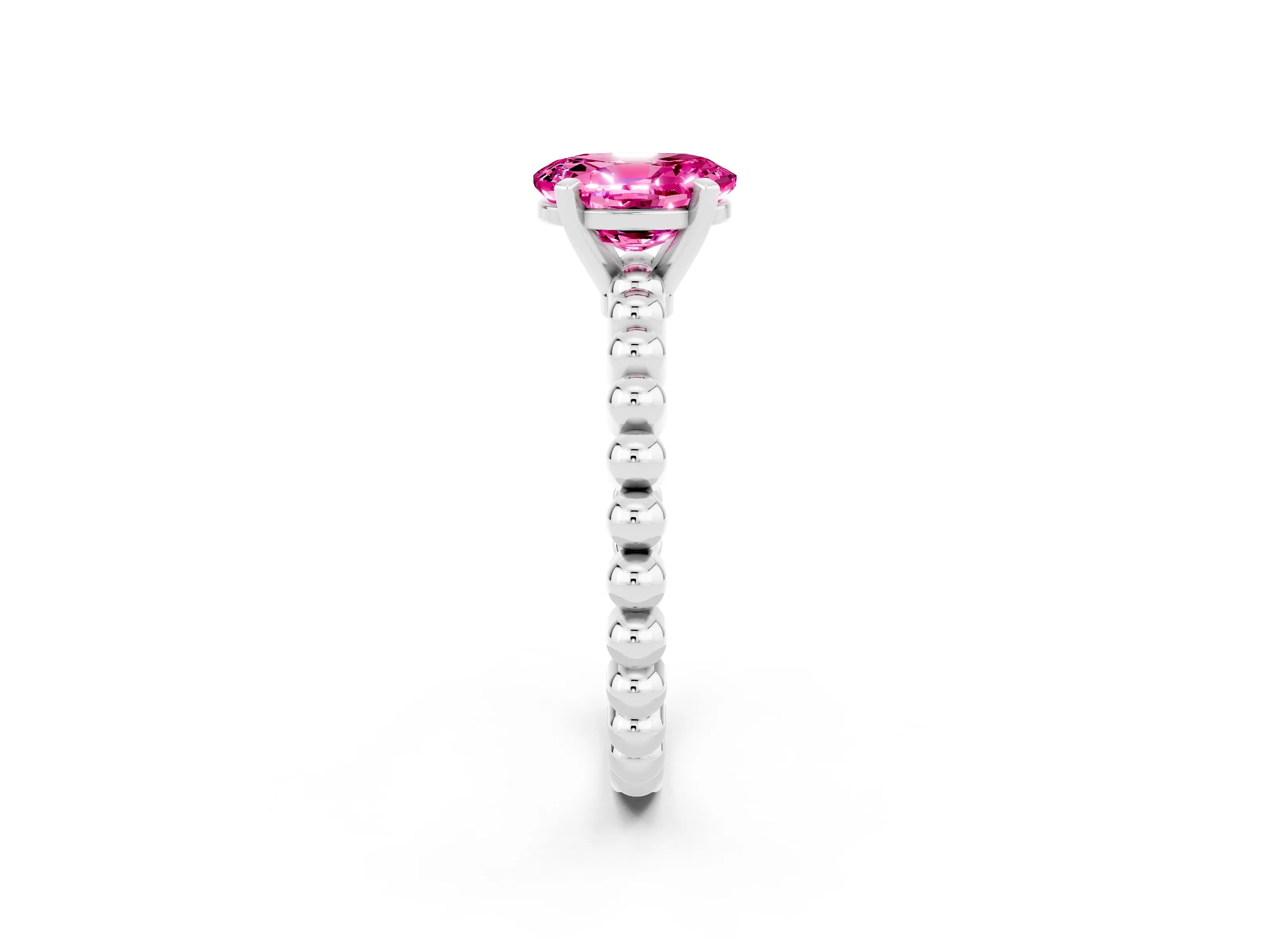 White gold Oval Cut Pink Sapphire Solitaire Ring with Beaded Band and Prong Setting_2