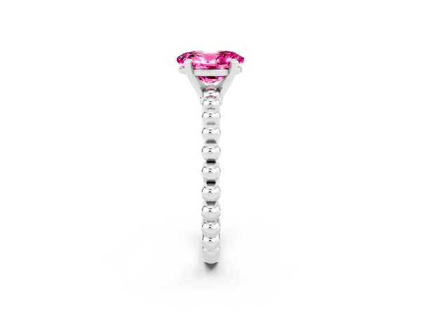 Platinum Oval Cut Pink Sapphire Solitaire Ring with Beaded Band and Prong Setting