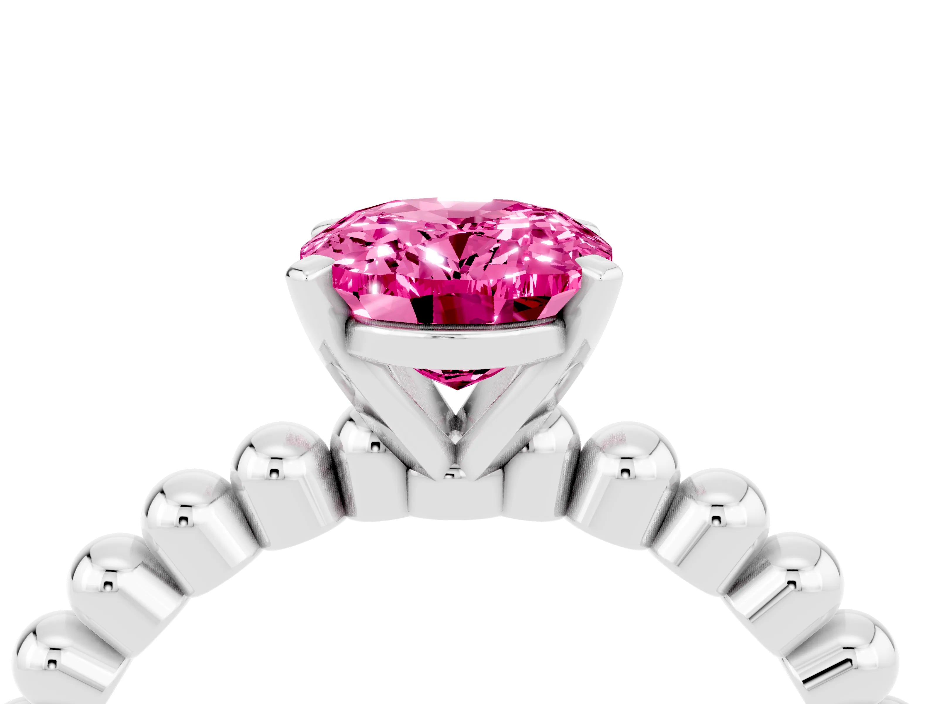 White gold Oval Cut Pink Sapphire Solitaire Ring with Beaded Band and Prong Setting_4