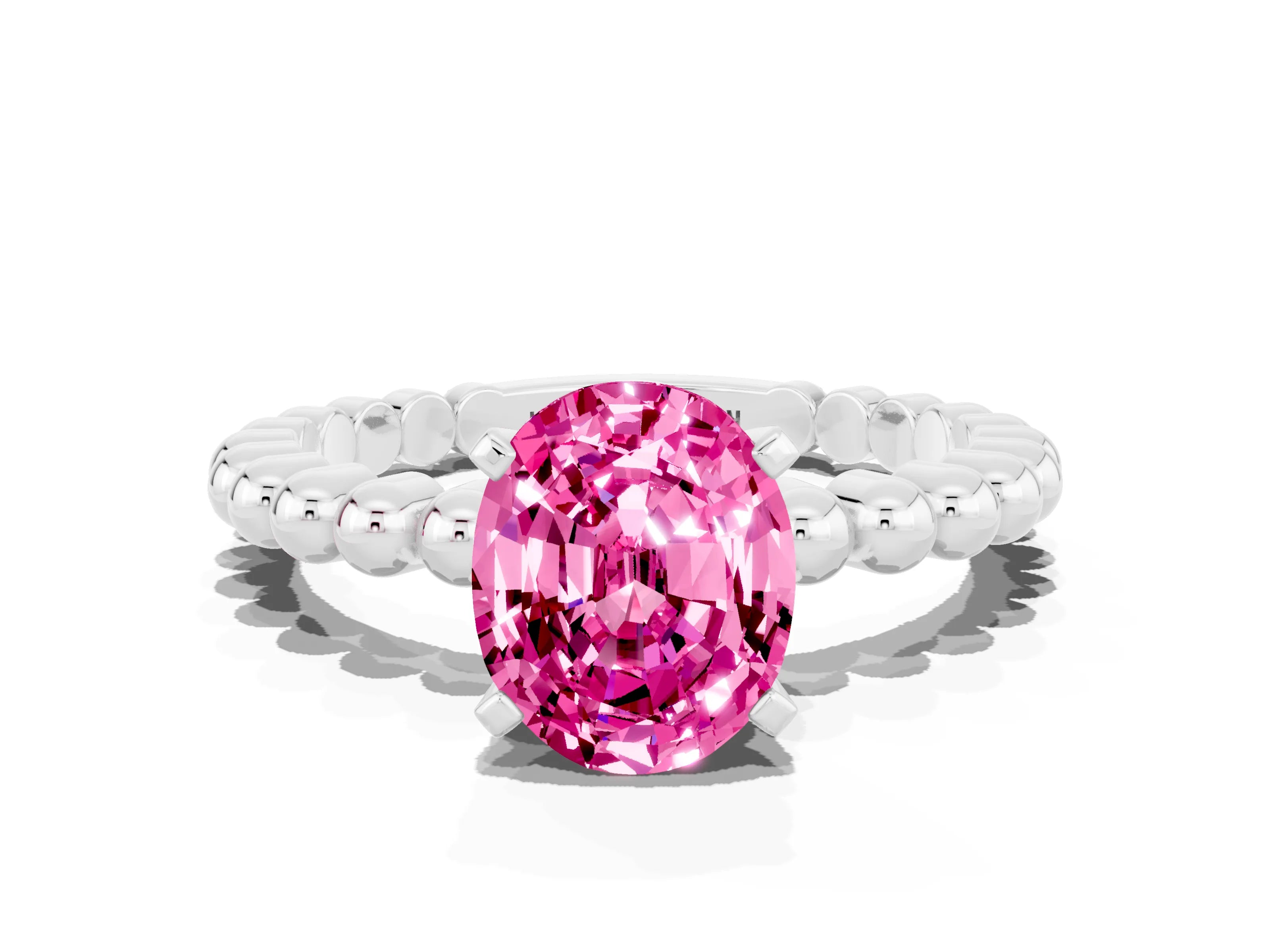 White gold Oval Cut Pink Sapphire Solitaire Ring with Beaded Band and Prong Setting