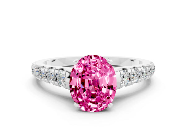 Platinum Oval Cut Pink Sapphire Cathedral Solitaire Ring with Round  Pavé Band