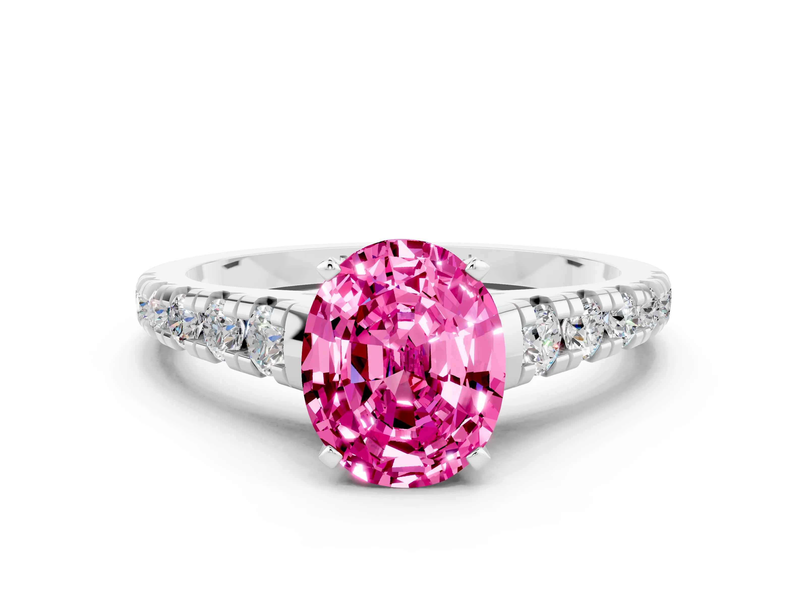 White gold Oval Cut Pink Sapphire Solitaire Ring with Cathedral Setting and Pavé Band_24