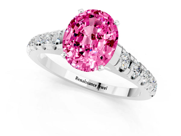 White gold Oval Cut Pink Sapphire Cathedral Solitaire Ring with Round  Pavé Band