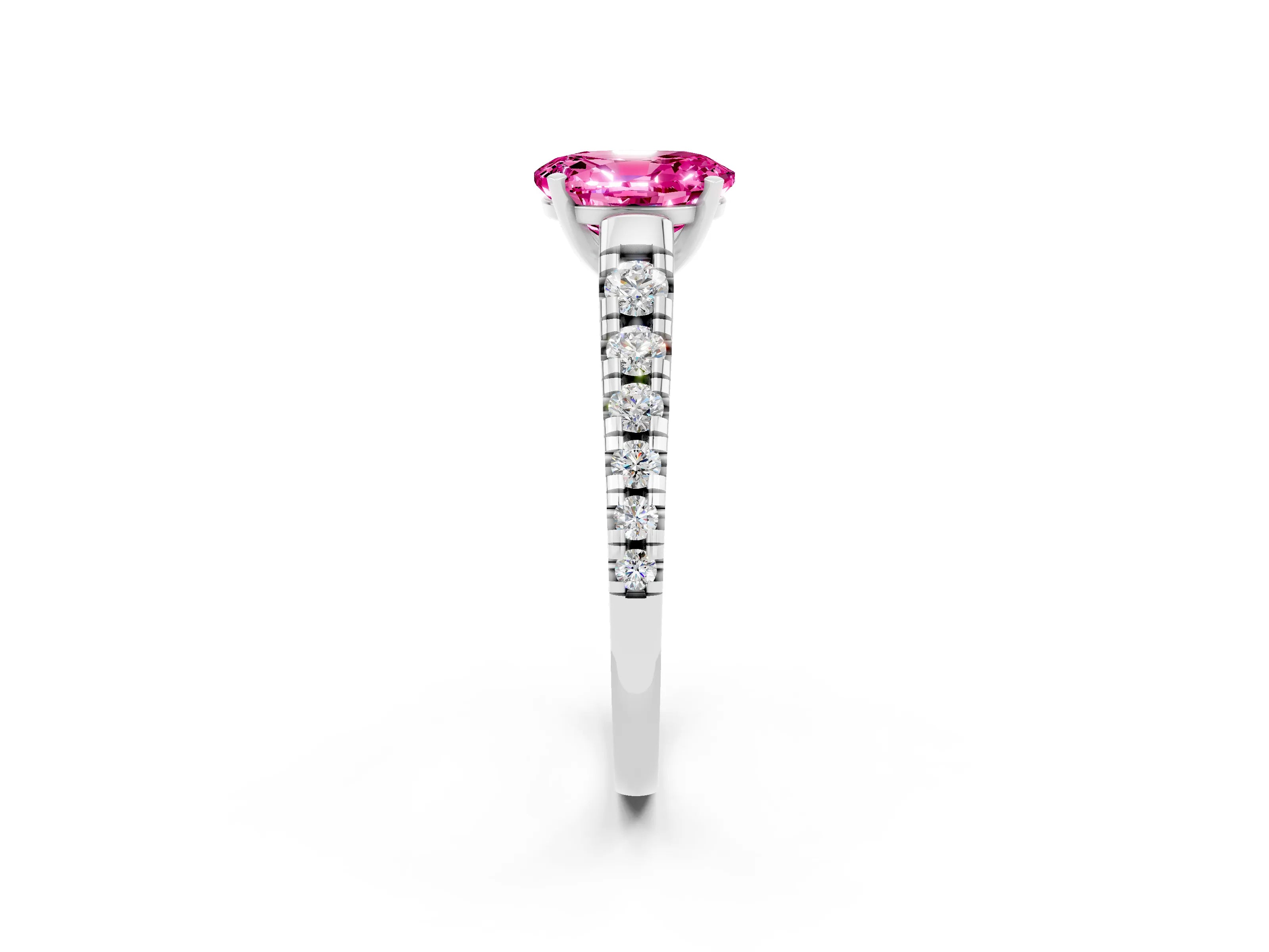 White gold Oval Cut Pink Sapphire Solitaire Ring with Cathedral Setting and Pavé Band_26