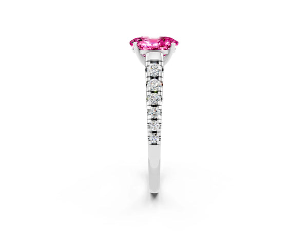 Platinum Oval Cut Pink Sapphire Cathedral Solitaire Ring with Round  Pavé Band