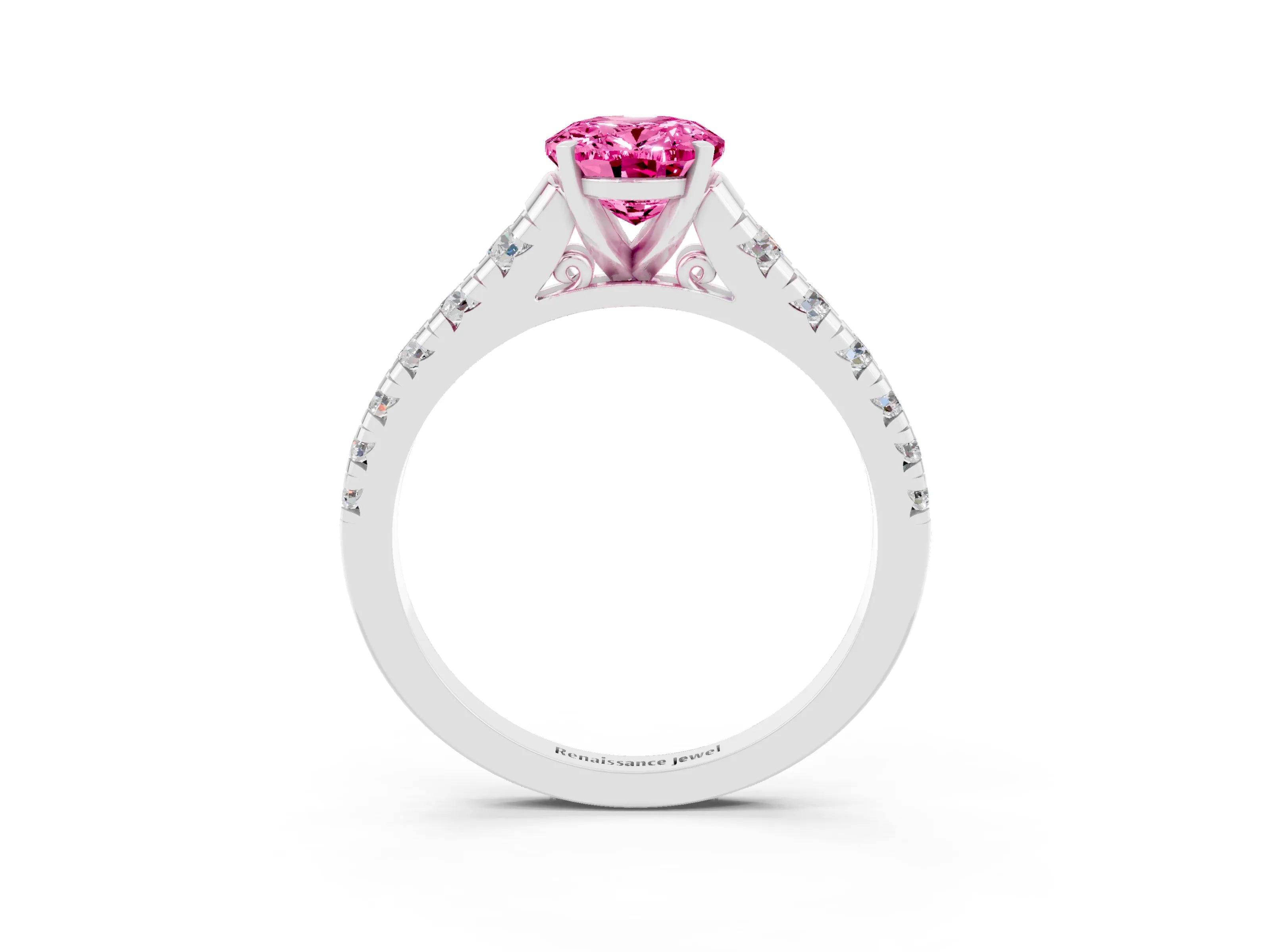 White gold Oval Cut Pink Sapphire Solitaire Ring with Cathedral Setting and Pavé Band_27