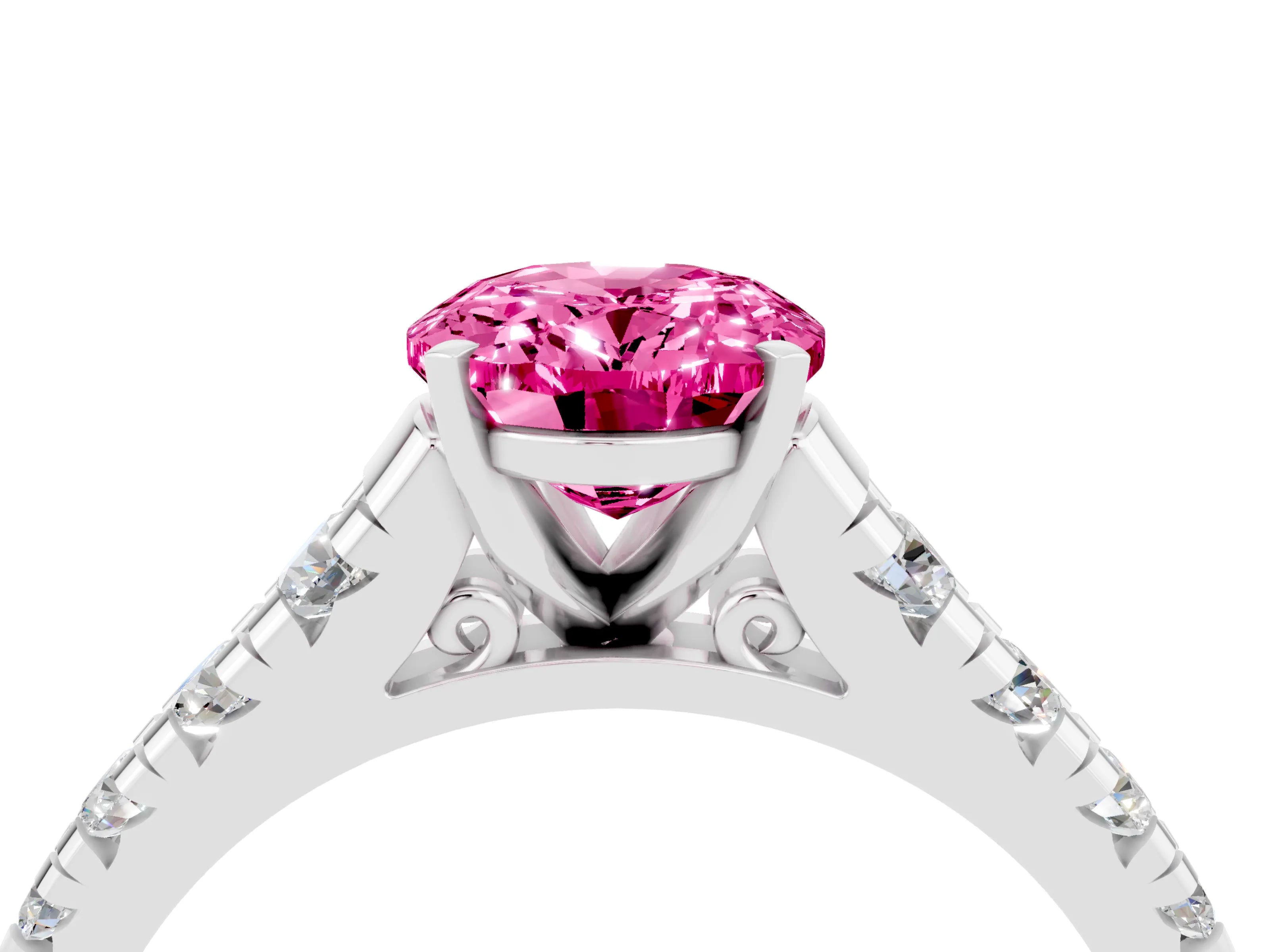White gold Oval Cut Pink Sapphire Solitaire Ring with Cathedral Setting and Pavé Band_28