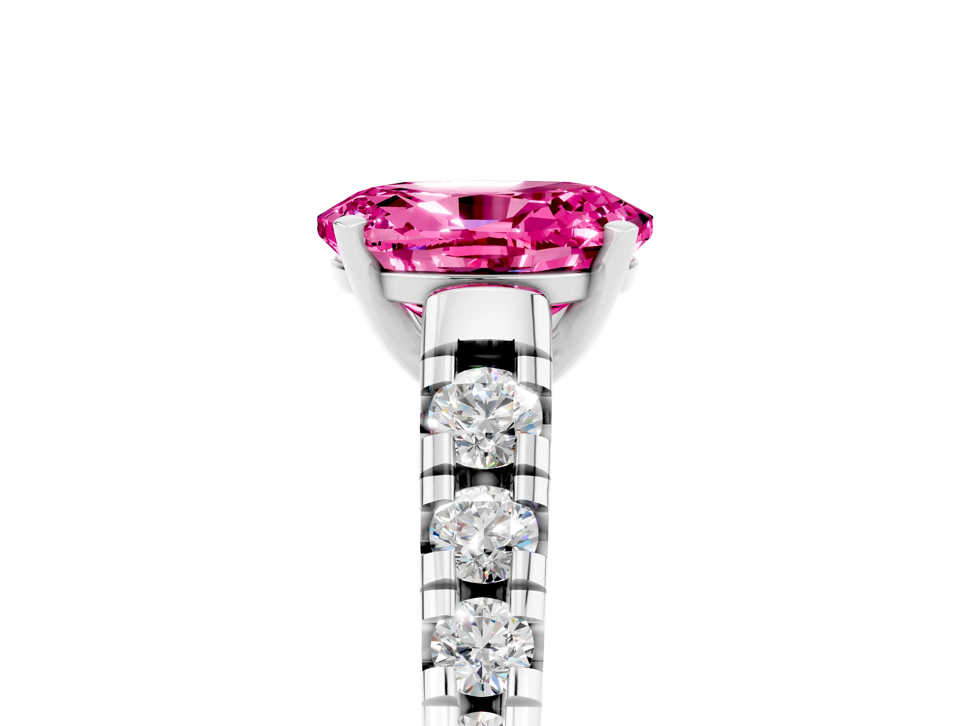 White gold Oval Cut Pink Sapphire Solitaire Ring with Cathedral Setting and Pavé Band_29