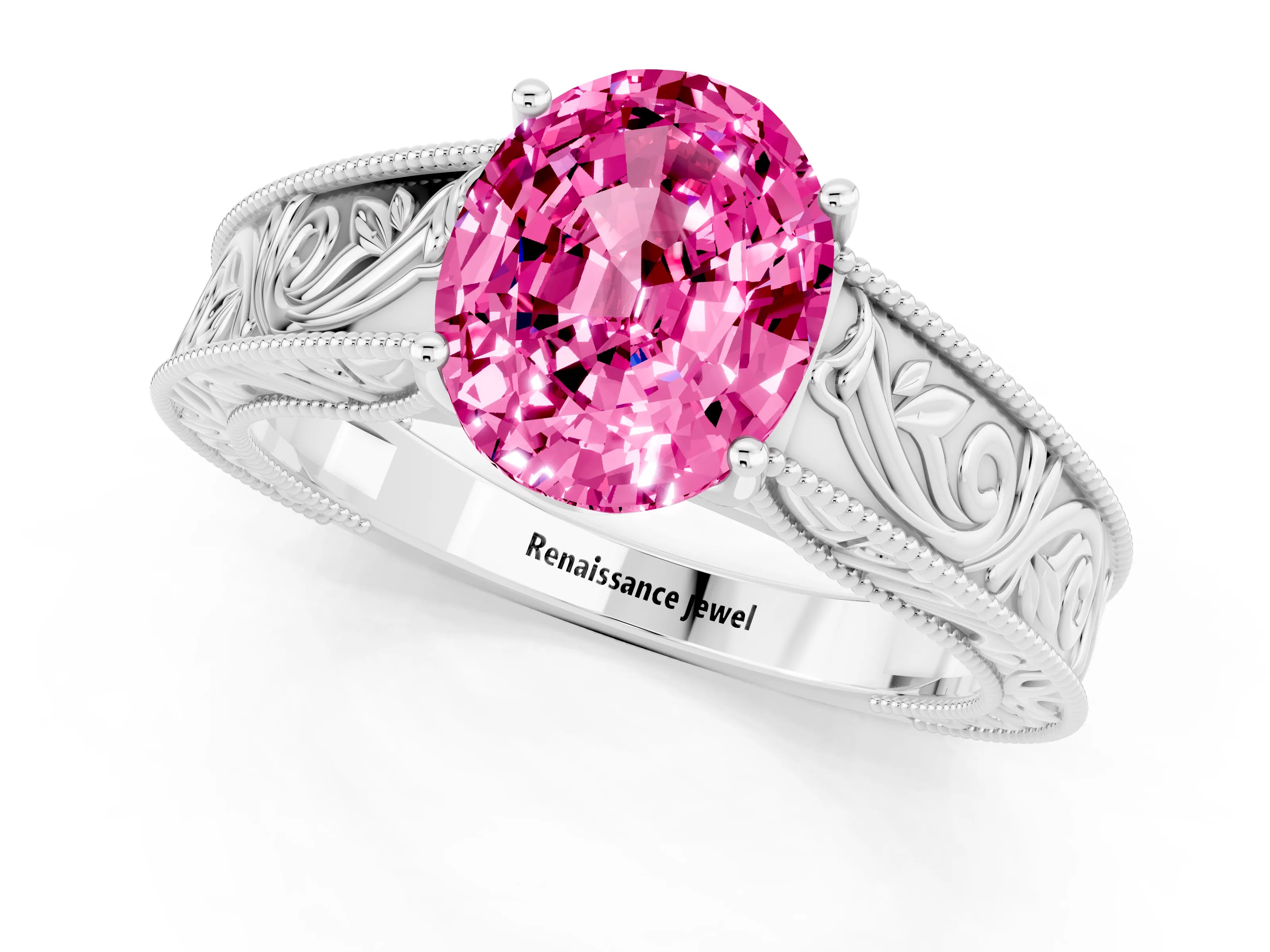 White gold Oval Cut Pink Sapphire Solitaire Ring with Engraved Band and Four-Prong Setting_1