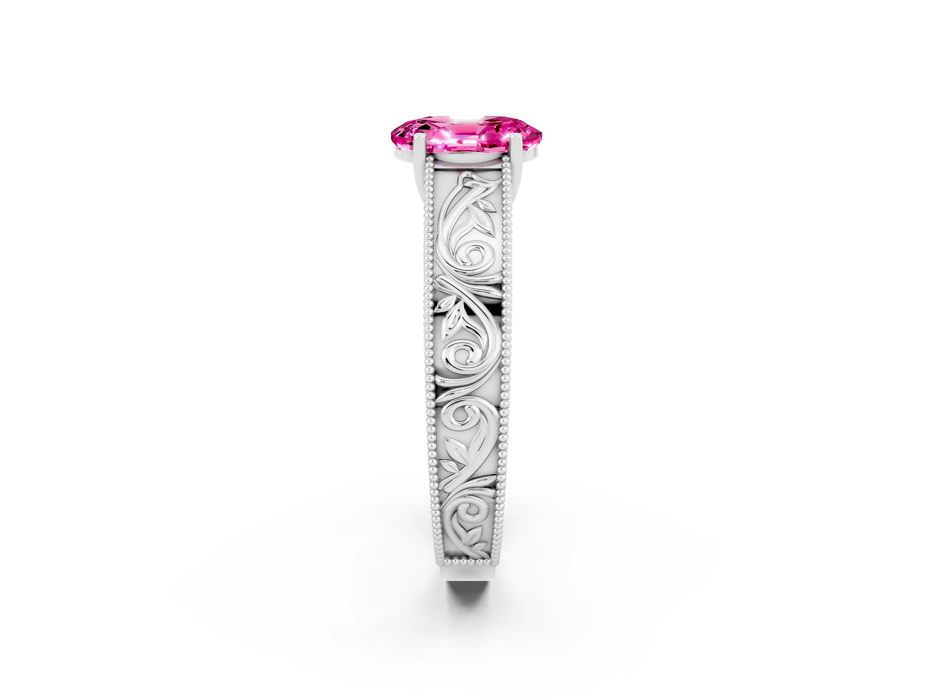 White gold Oval Cut Pink Sapphire Solitaire Ring with Engraved Band and Four-Prong Setting_2