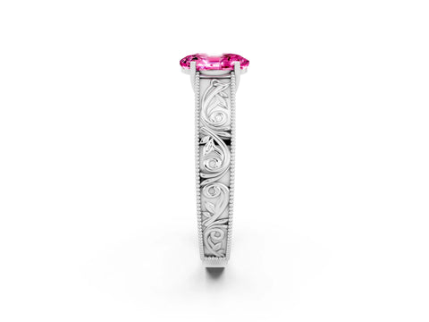 White gold Oval Cut Pink Sapphire Solitaire Ring with Engraved Band and Four-Prong Setting_2