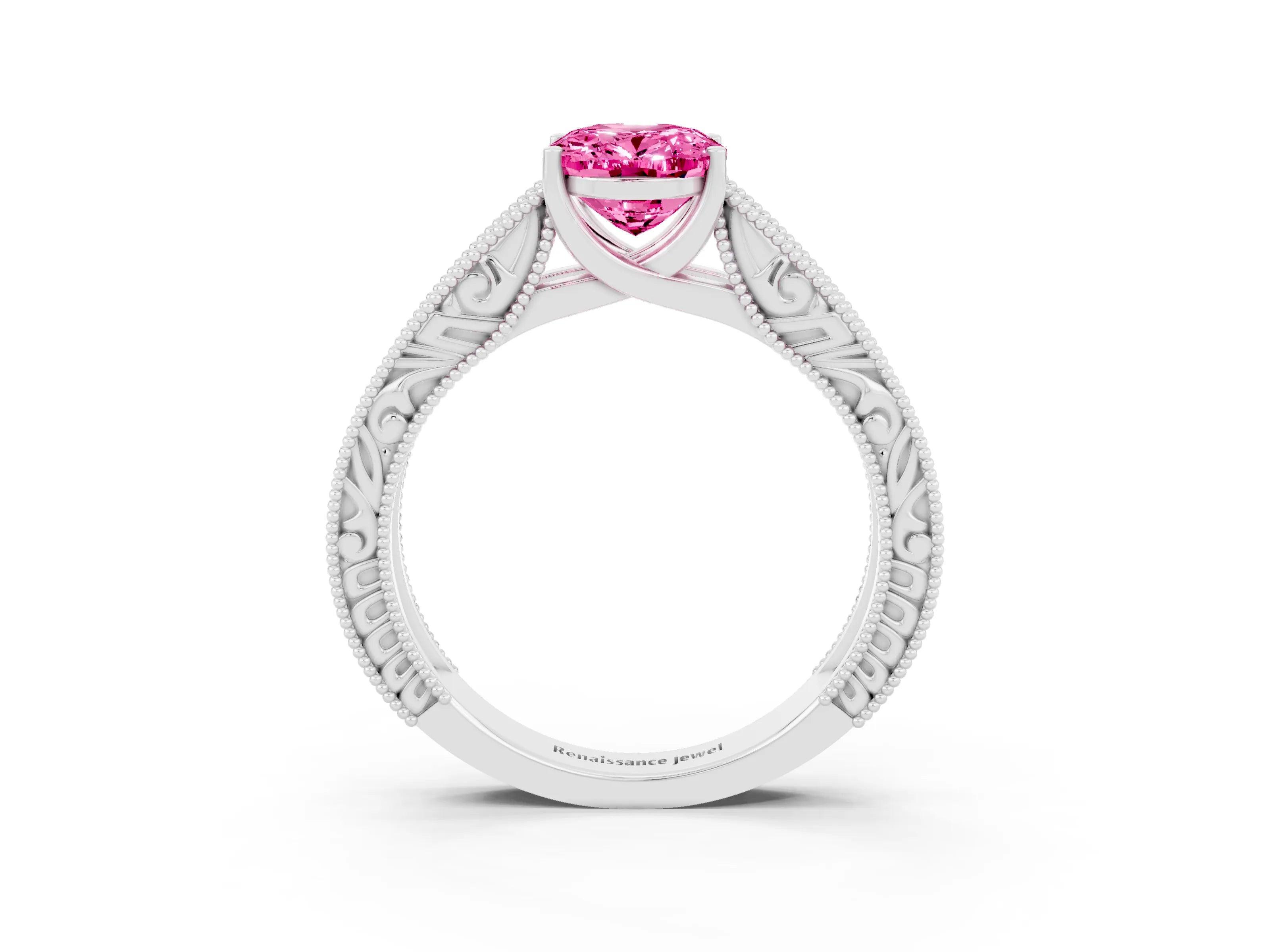 White gold Oval Cut Pink Sapphire Solitaire Ring with Engraved Band and Four-Prong Setting_3