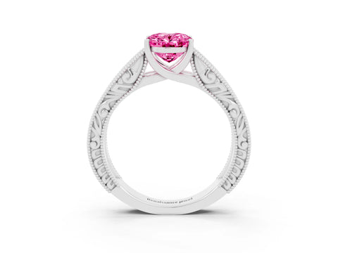 White gold Oval Cut Pink Sapphire Solitaire Ring with Engraved Band and Four-Prong Setting_3