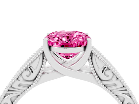 White gold Oval Cut Pink Sapphire Solitaire Ring with Engraved Band and Four-Prong Setting_4