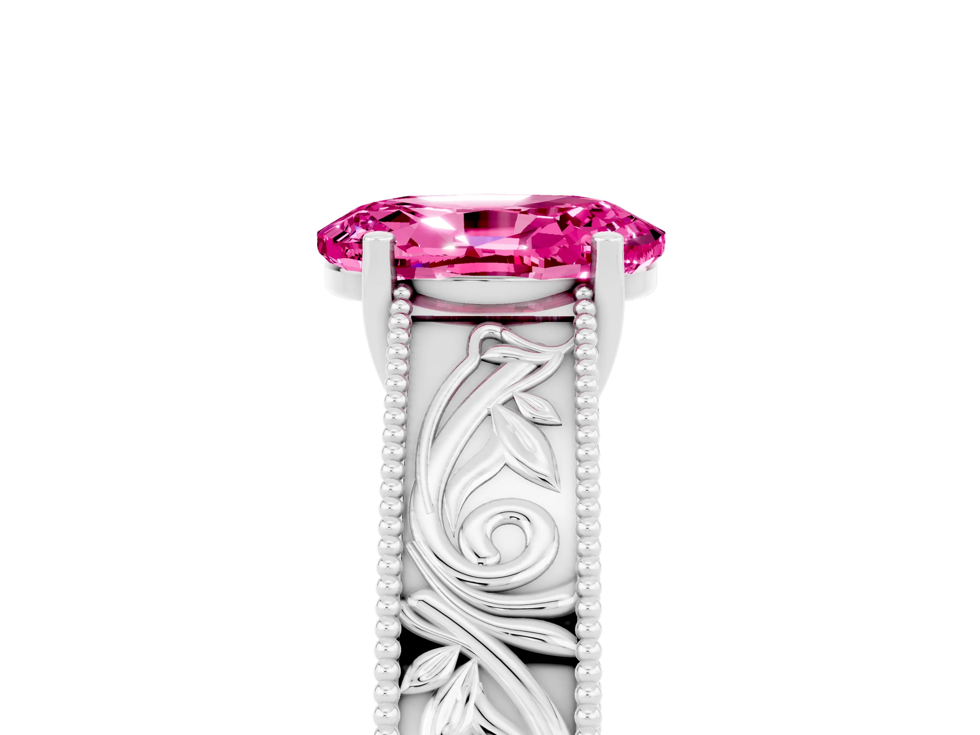 White gold Oval Cut Pink Sapphire Solitaire Ring with Engraved Band and Four-Prong Setting_5