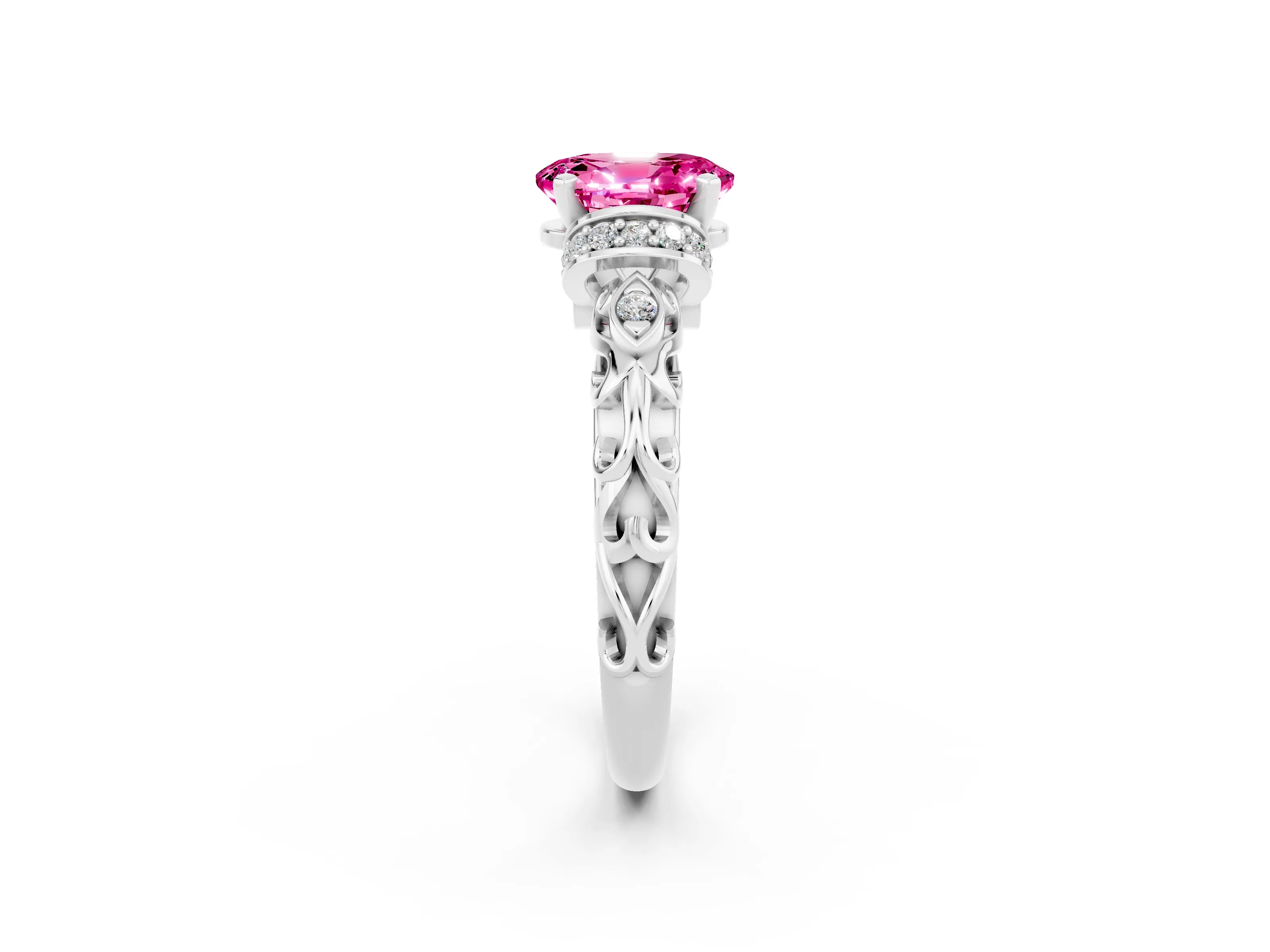 White gold Oval Cut Pink Sapphire Solitaire Ring with Filigree Band and Four-Prong Setting_50