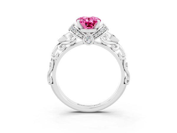 Platinum Oval Cut Pink Sapphire Solitaire Ring with Filigree Band and Four-Prong Setting