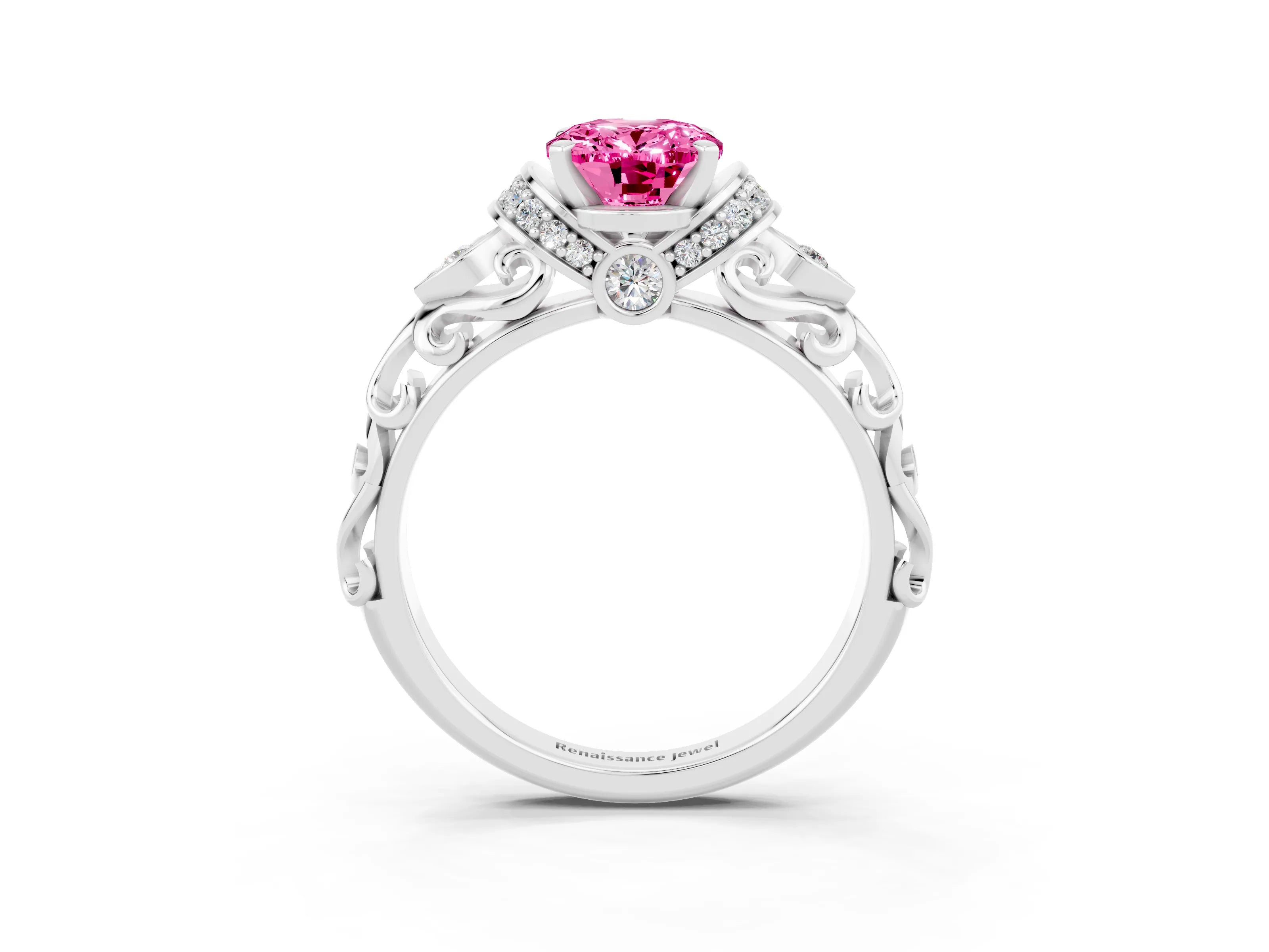 White gold Oval Cut Pink Sapphire Solitaire Ring with Filigree Band and Four-Prong Setting_51
