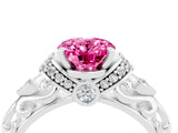 White gold Oval Cut Pink Sapphire Solitaire Ring with Filigree Band and Four-Prong Setting_52
