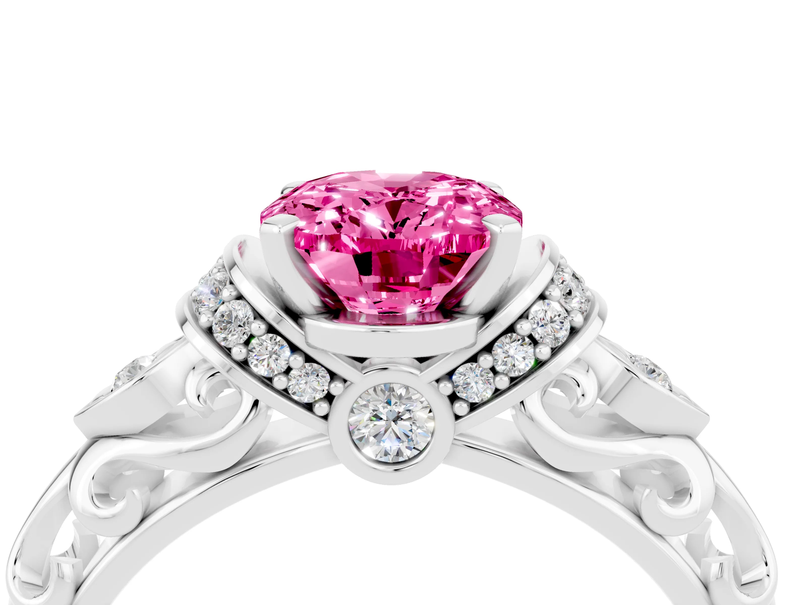 White gold Oval Cut Pink Sapphire Solitaire Ring with Filigree Band and Four-Prong Setting_52