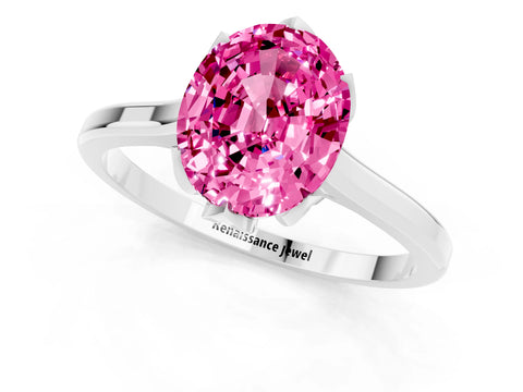 White gold Oval Cut Pink Sapphire Solitaire Ring with Flower Prong Setting and Classic Band_25