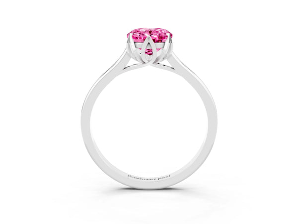 Platinum Oval Cut Pink Sapphire Solitaire Ring with Flower Prong Setting and Classic Band