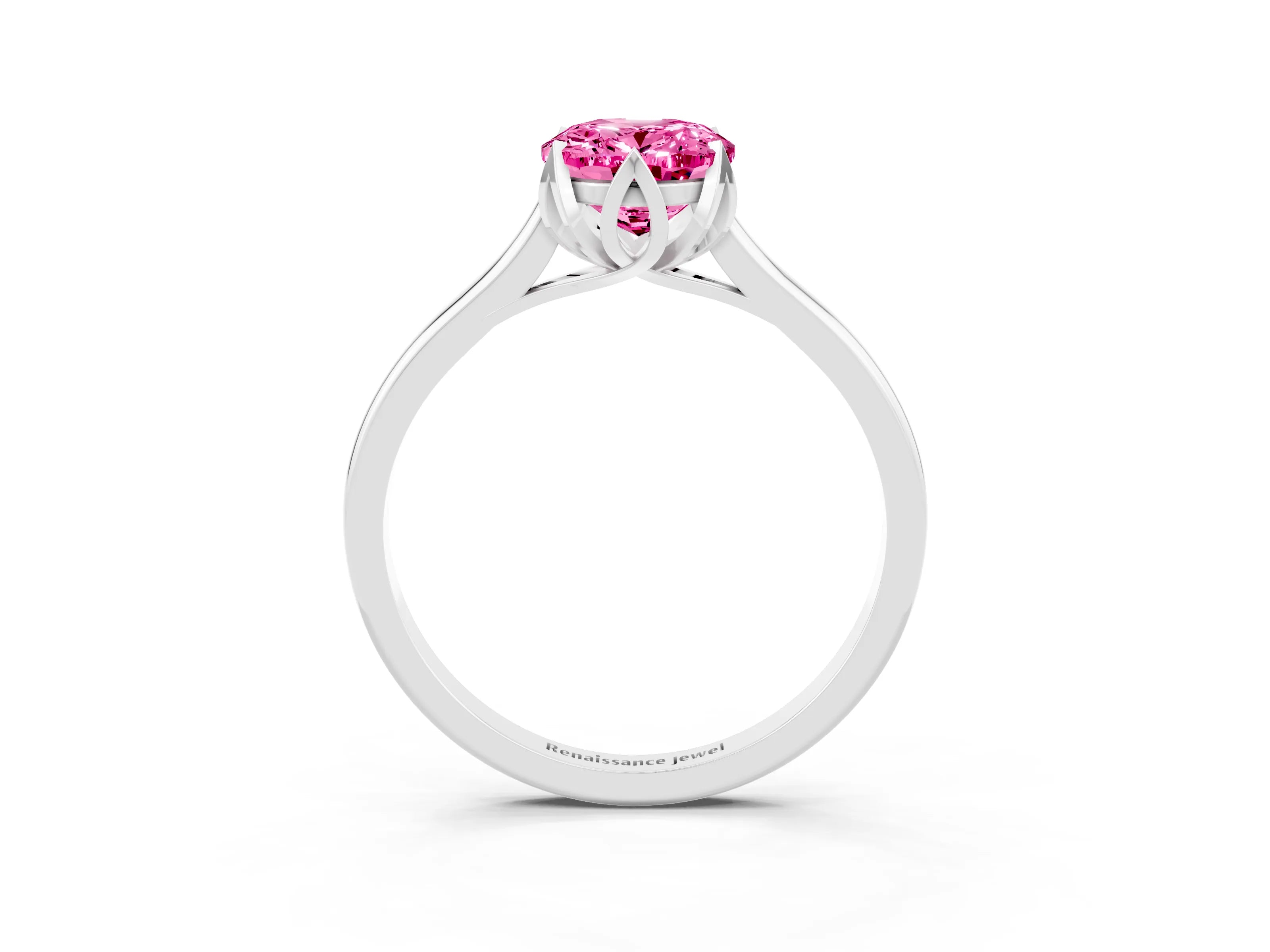 White gold Oval Cut Pink Sapphire Solitaire Ring with Flower Prong Setting and Classic Band_27