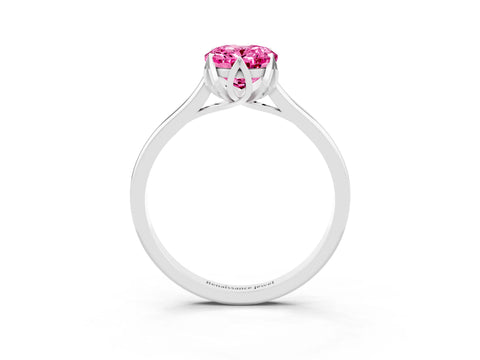 White gold Oval Cut Pink Sapphire Solitaire Ring with Flower Prong Setting and Classic Band_27