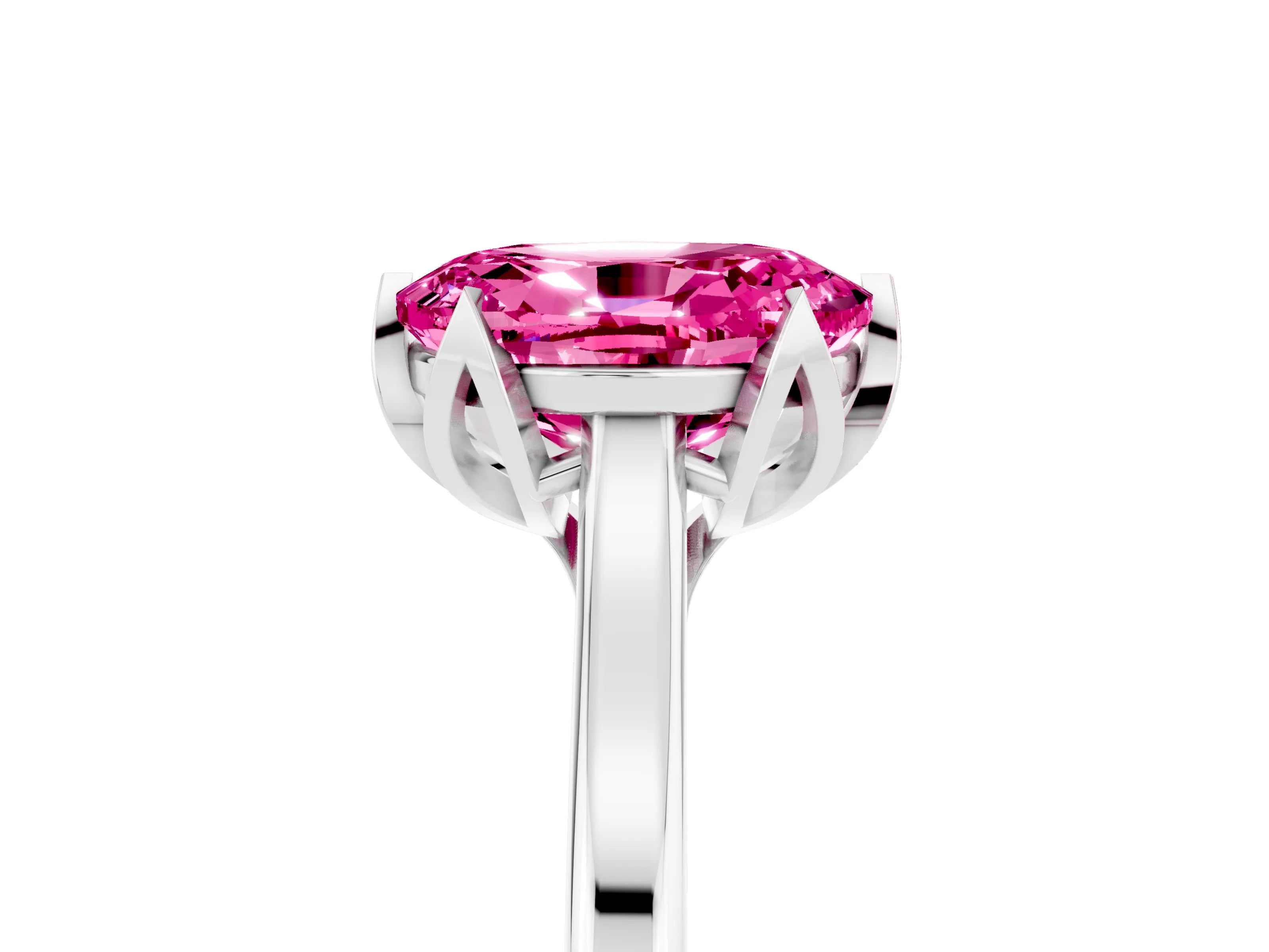 White gold Oval Cut Pink Sapphire Solitaire Ring with Flower Prong Setting and Classic Band_29