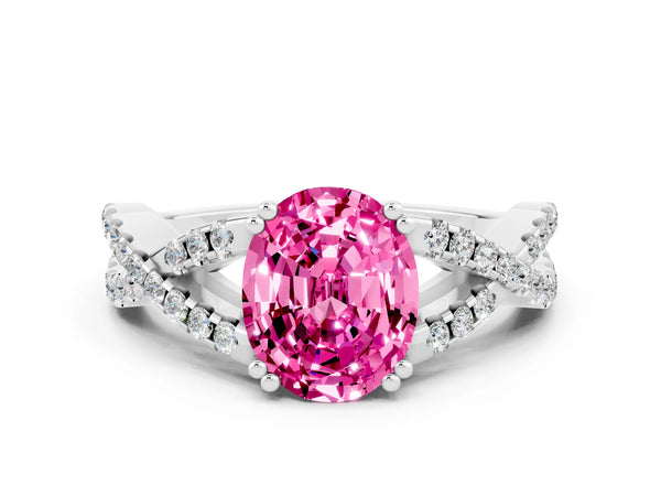 Platinum Oval Cut Pink Sapphire Solitaire Ring with Four-Prong Setting and Twisted Pavé Band