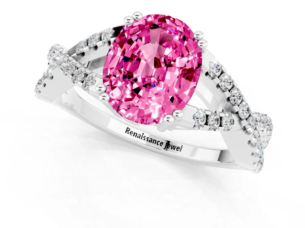 Platinum Oval Cut Pink Sapphire Solitaire Ring with Four-Prong Setting and Twisted Pavé Band