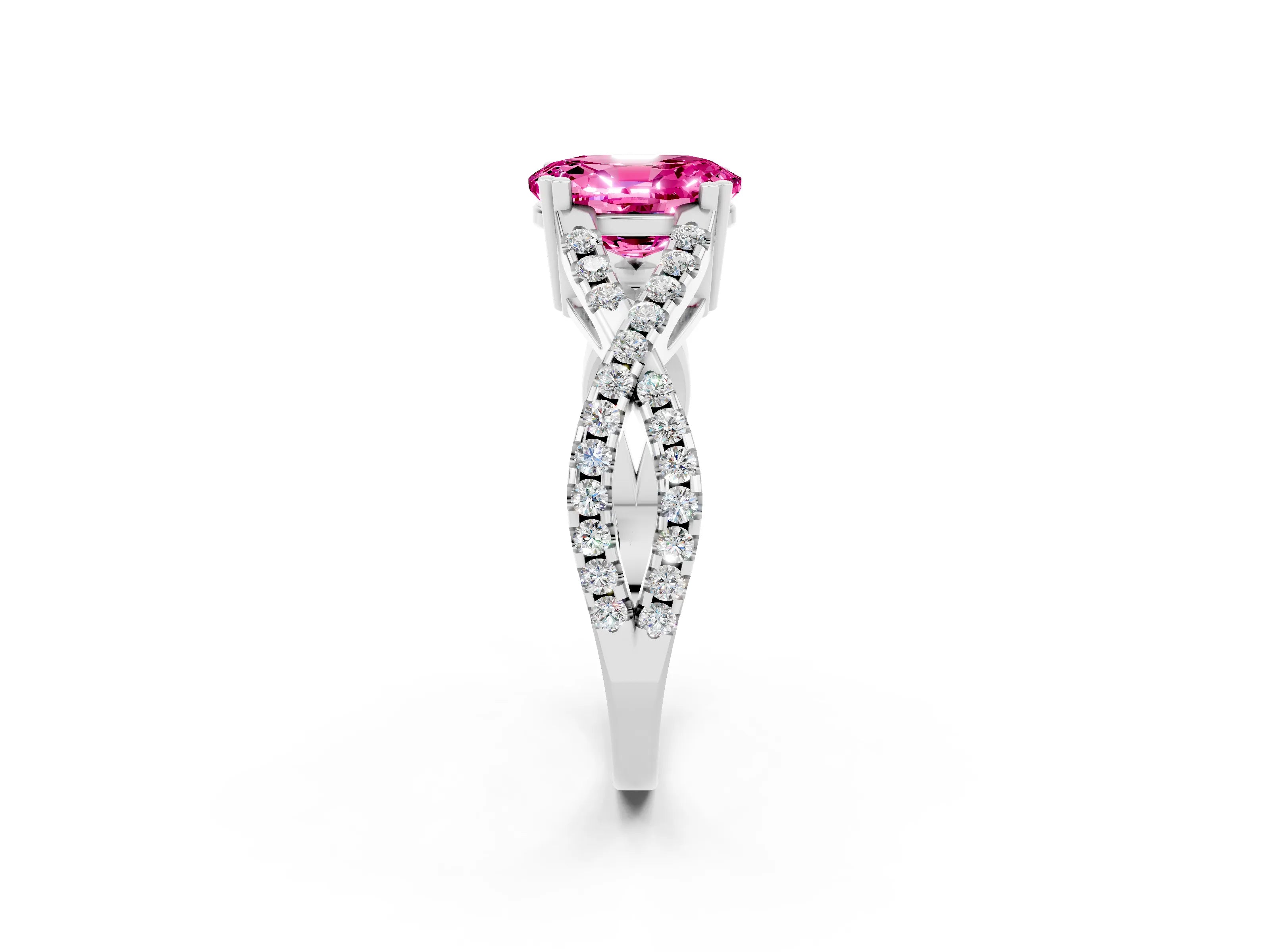 White gold Oval Cut Pink Sapphire Solitaire Ring with Four-Prong Setting and Twisted Pavé Band_14