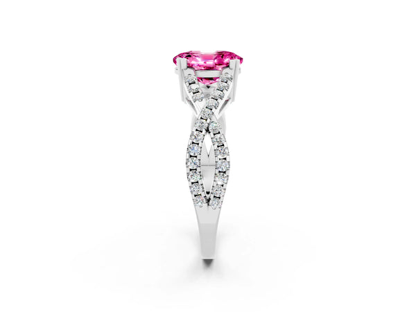 White gold Oval Cut Pink Sapphire Solitaire Ring with Four-Prong Setting and Twisted Pavé Band
