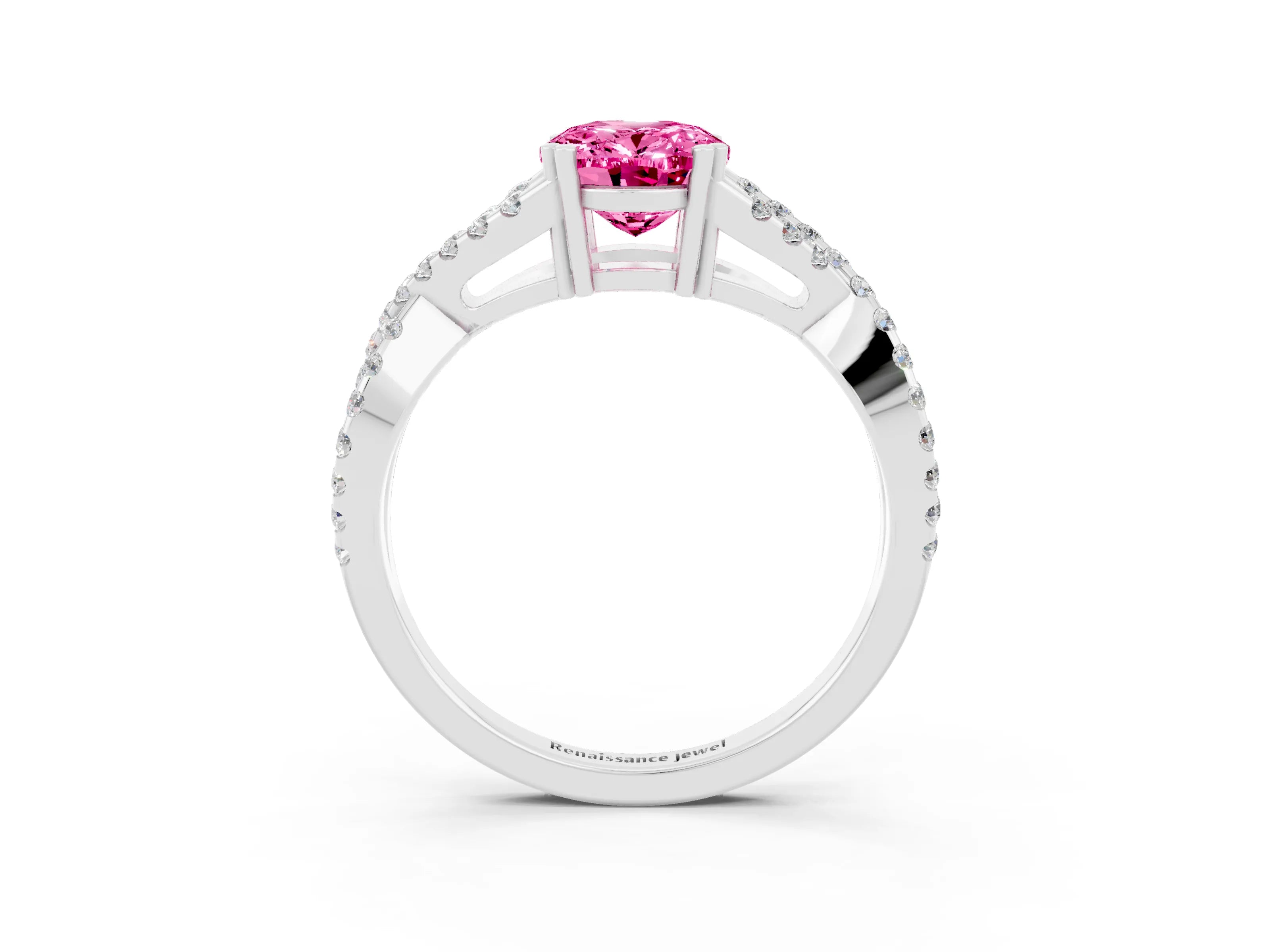 White gold Oval Cut Pink Sapphire Solitaire Ring with Four-Prong Setting and Twisted Pavé Band_15