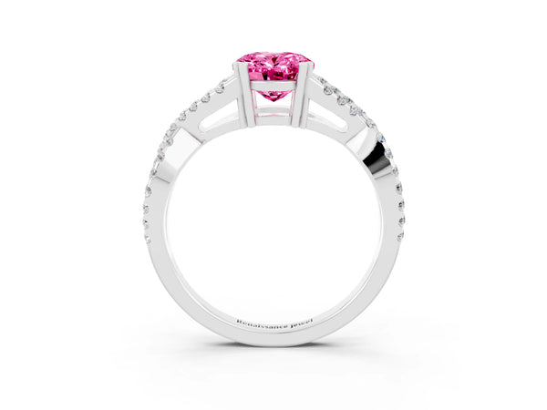 White gold Oval Cut Pink Sapphire Solitaire Ring with Four-Prong Setting and Twisted Pavé Band
