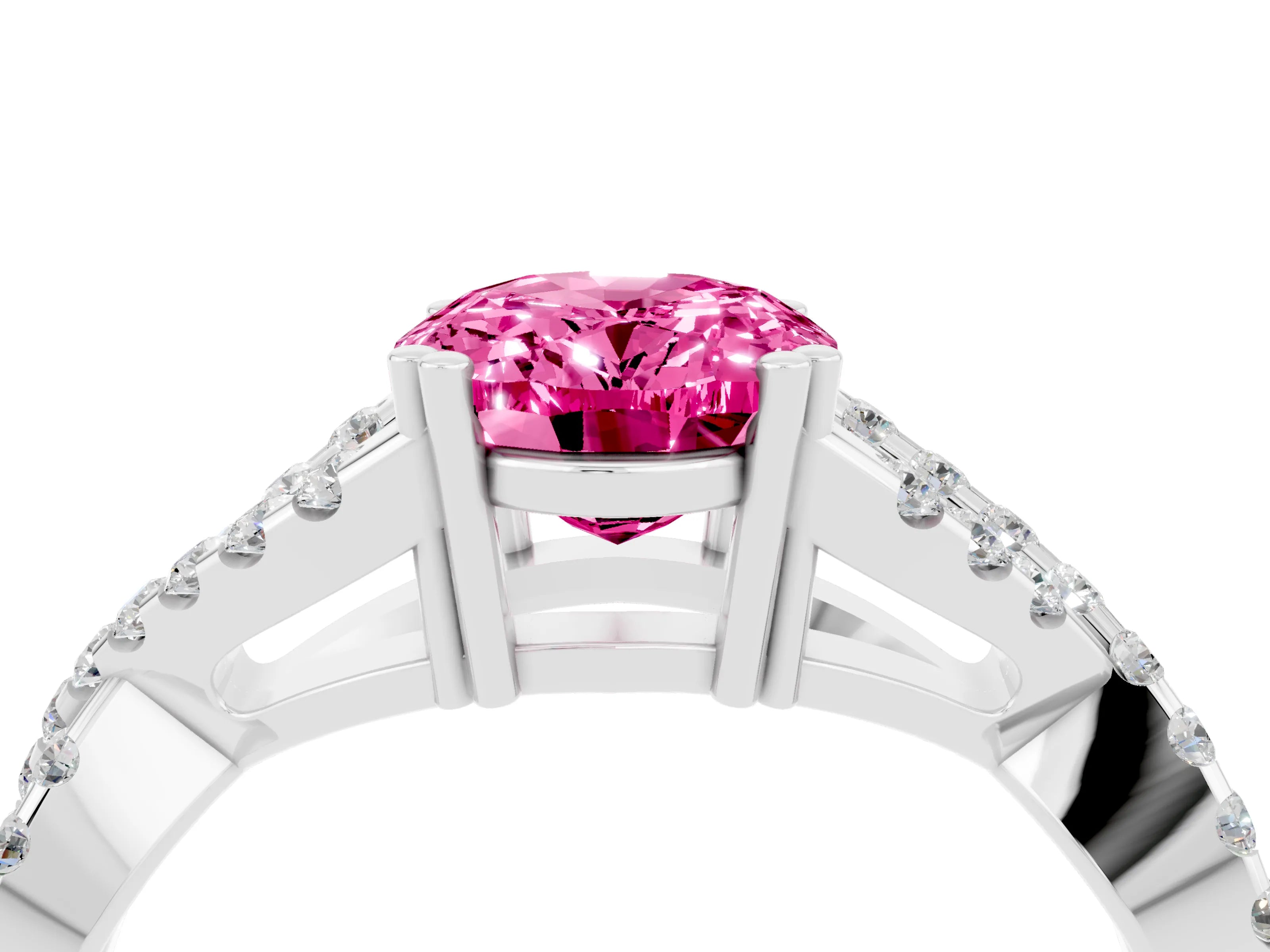 White gold Oval Cut Pink Sapphire Solitaire Ring with Four-Prong Setting and Twisted Pavé Band_16