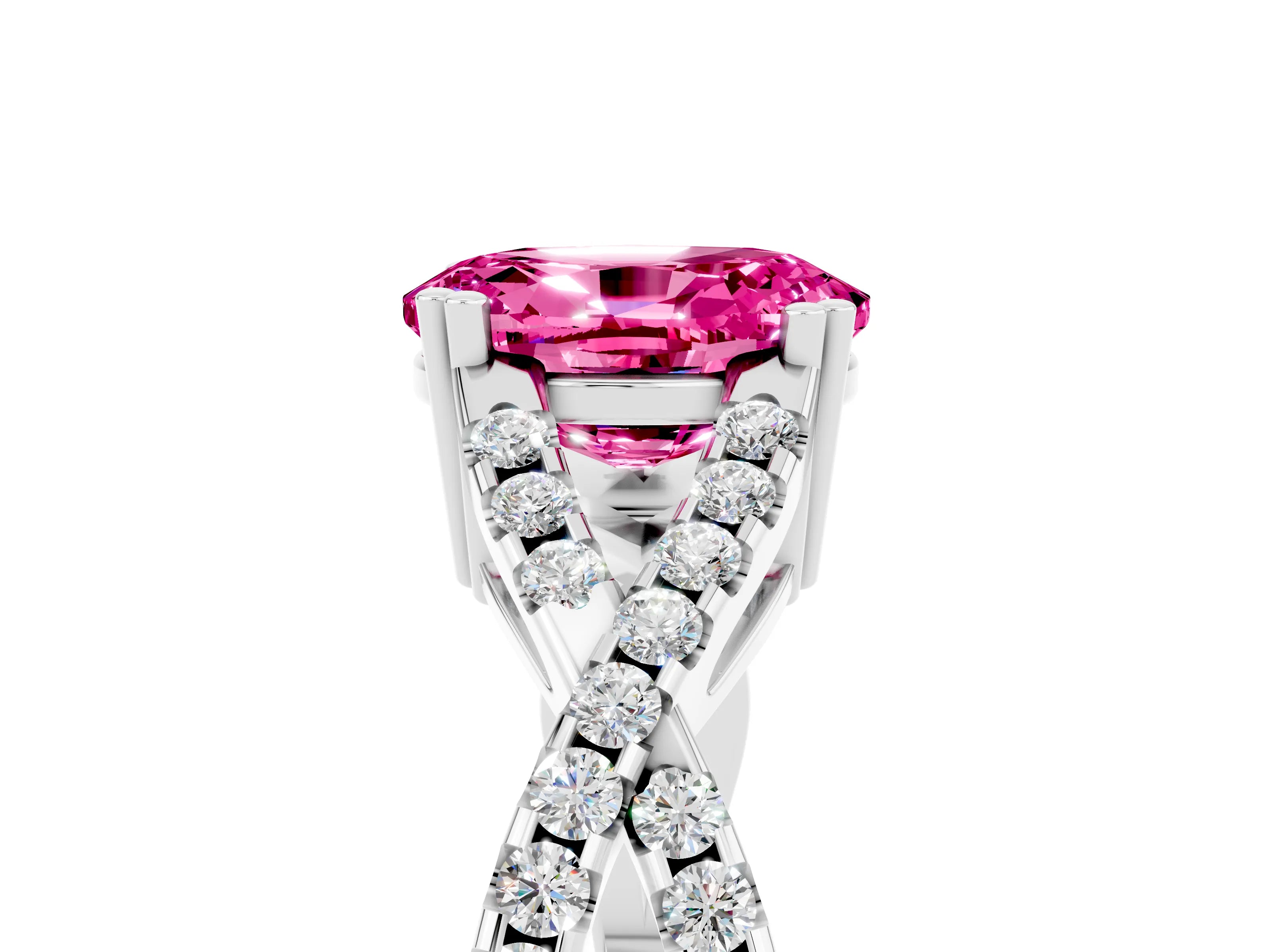 White gold Oval Cut Pink Sapphire Solitaire Ring with Four-Prong Setting and Twisted Pavé Band_17