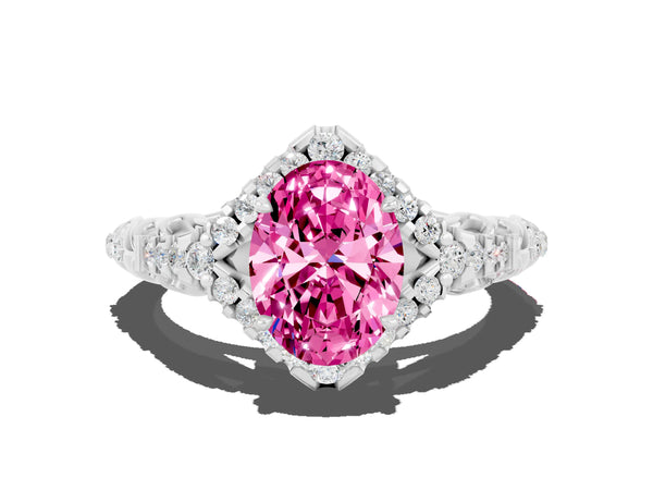 Platinum Oval Cut Pink Sapphire Solitaire Ring with Hidden Halo and Pavé Band