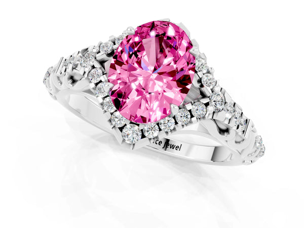 Platinum Oval Cut Pink Sapphire Solitaire Ring with Hidden Halo and Pavé Band